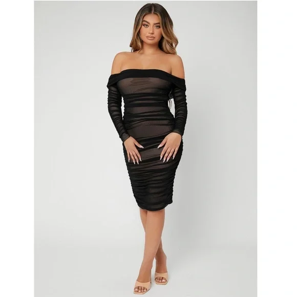 Black Mesh Ruched Off Shoulder Dress - Picture 3 of 9